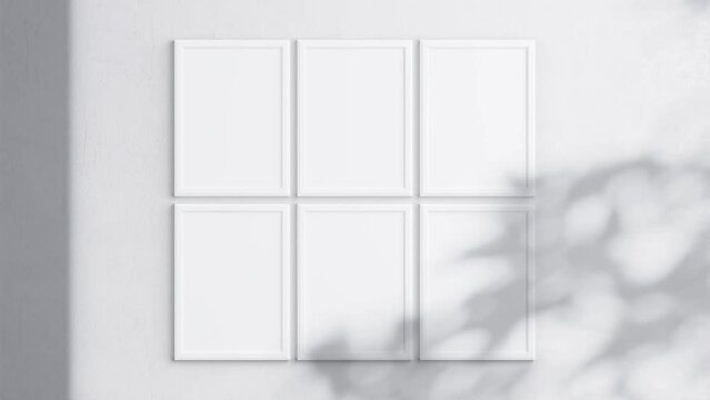 Six Poster Frames Video Mockup A ISO, White Blank Frame On White Wall, Art Mockup, Minimalist Motion Mockup