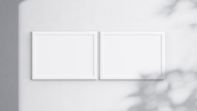 Two Horizontal Poster Frames Video Mockup A ISO, White Blank Frame On White Wall, Landscape Art Mockup, Minimalist Motion Mockup