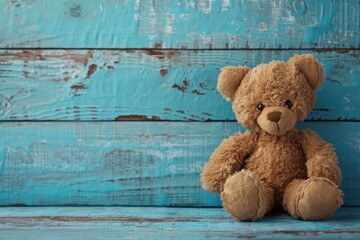 Teddy bear on blue wooden background with room for text