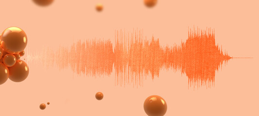 Peach fuzz color waveform with colored balls or bubbles on peach background. Abstract geometric shapes 3D render.