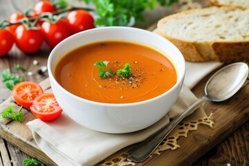 Tomato soup in a white bowl with various accompaniments on a wooden board