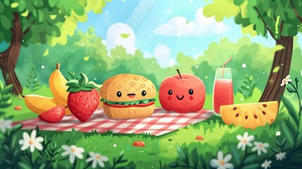 Cute kawaii-style doodle of a picnic scene with animated fruits and sandwiches