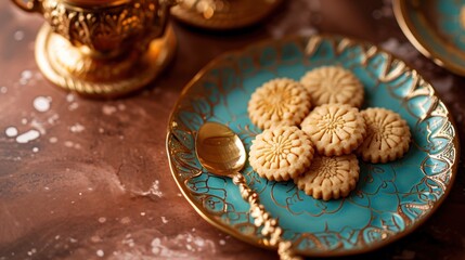  a close up of a plate of cookies on a table with a cup of tea and a teapot in the background with a spoon in the middle of the plate.