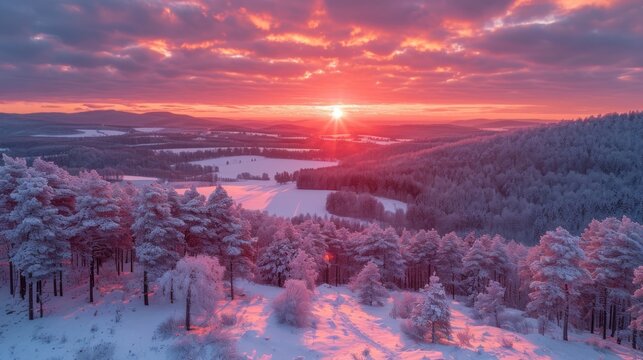  the sun sets over a snowy landscape with trees in the foreground and a lake in the middle of the picture in the middle of the middle of the foreground.