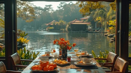  a table with a vase of flowers and plates of food on it with a view of a body of water and a house on the other side of the water.