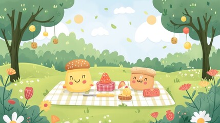 Playful kawaii illustration of a picnic in the park with adorable food characters