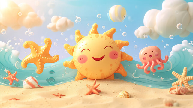 Playful kawaii illustration of a sunny beach day with happy sun, soft sand, and cheerful sea creatures