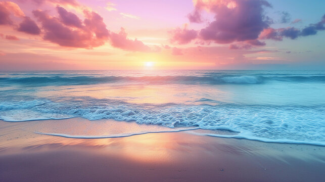 beach scene at sunrise, symbolizing peace and recovery, with gentle waves, soft sand, and a vibrant, colorful sky reflecting on the water