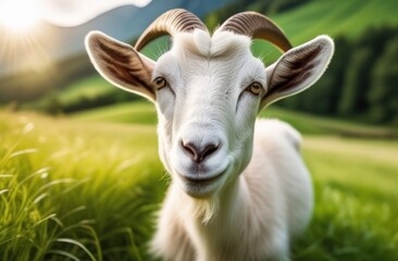 White goat grazing in a summer field on a sunny afternoon, blurred background. Health benefits of farm milk, farming, cattle walking. Micronutrients, beta-casein