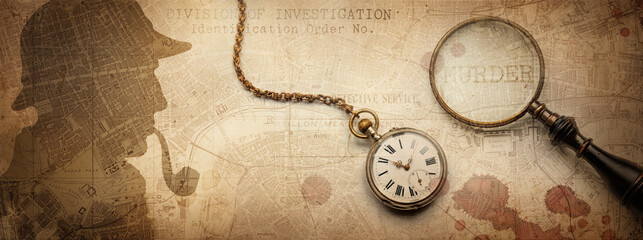 Sherlock Holmes Profile, magnifier, blood drops, clock, map and police form. Old background on the theme of crime, police, detective, investigation. Old style.