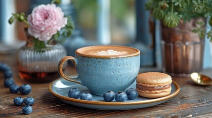  a cup of coffee next to a plate of blueberries and a macaroni and cheese sandwich on a wooden table with a vase of flowers in the background.