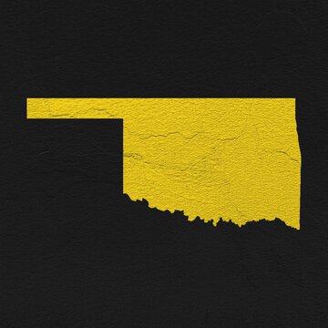 Oklahoma yellow map on isolated black textured background. High quality coloured map of Oklahoma, USA.