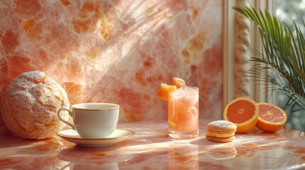  a table topped with a cup of coffee next to a plate of oranges and a doughnut on top of a table next to a glass of orange juice.