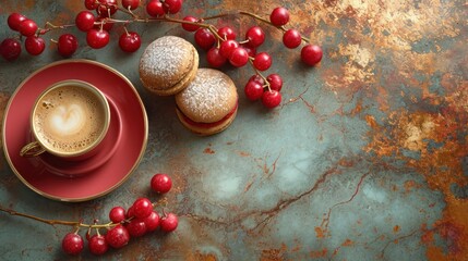 Obraz na płótnie Canvas a cup of coffee on a saucer next to a plate with a doughnut and a cup of coffee on a saucer next to a plate with cherries.