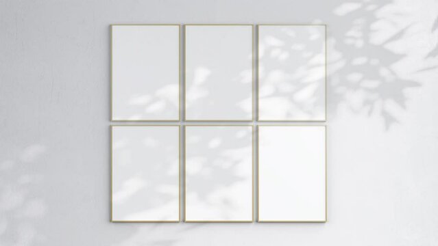 Six Poster Frames Video Mockup A ISO, Wooden Blank Frame On White Wall, Poster Mockup, Minimalist Motion Mockup