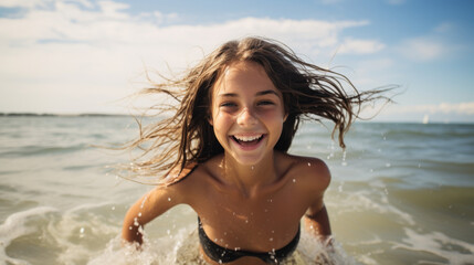 Cute teen in the water near a beach