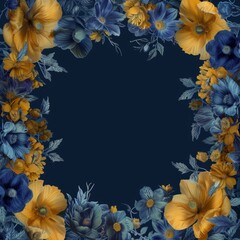 Featuring blue flowers with gold accents, this circular design on a black background offers an elegant framing solution for premium ads.