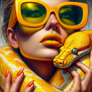 Beautiful brunette woman with a albine python.	