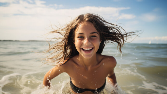 Cute Teen In The Water Near A Beach