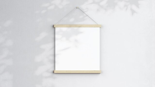 Square Magnetic Poster Bar Video Mockup, Wooden Hanging Blank Frame On White Wall, Poster Hanger Mockup, Minimalist Motion Mockup