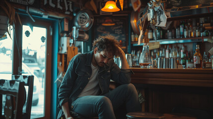 Drunk man sitting in a bar. Depressed man sitting in a bar.