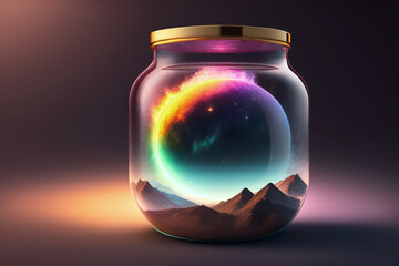 The universe inside a glass jar, on a reflective surface. Generative AI_7. - obrazy, fototapety, plakaty