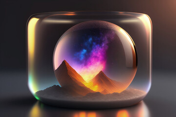 The universe inside a glass jar, on a reflective surface. Generative AI_5. - obrazy, fototapety, plakaty