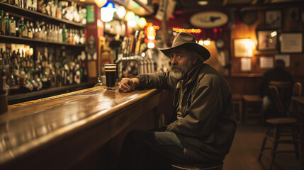 Obraz premium Drunk man sitting in a bar. Depressed man sitting in a bar.