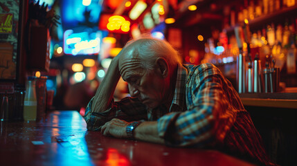 Fototapeta premium Drunk man sitting in a bar. Depressed man sitting in a bar.