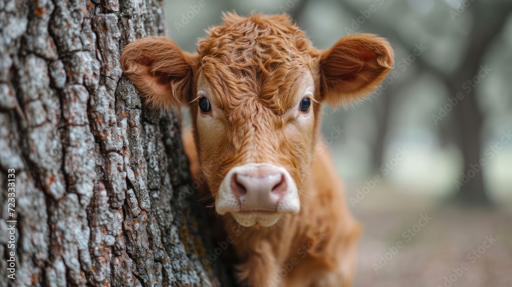 Wall mural a brown cow standing next to a tree with it's head sticking out of it's tree trunk, looking at the c