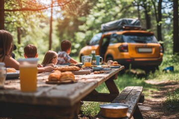 Nature drive getaway, picnic with the family. Concept travel and disconnect
