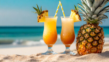 Tropical pineapple cocktails on a paradise beach. Directly on the sand facing the sea for an aperitif of pure relaxation during a day of holiday at the seaside. Thirst-quenching drink ideas.