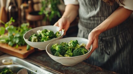 Naklejka na ściany i meble a person holding two bowls of broccoli in front of a sink and a cutting board with a cutting board and cutting board in front of broccoli.