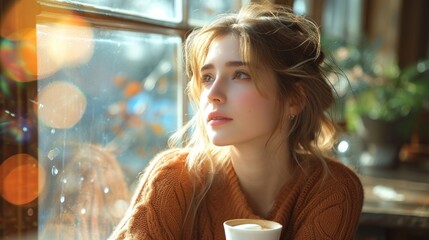  a close up of a person sitting at a table with a cup of coffee in front of a window with boke of light coming through the window panes.