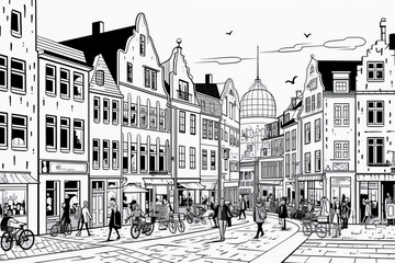 Black and white illustration of a Scandinavian cityscape. Crowded city and pedestrians, cityscape, concept of life in a European city. Cartoon comic style drawing. - obrazy, fototapety, plakaty