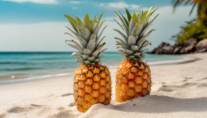 Two pineapples on a paradise beach. Directly on the sand facing the sea for an aperitif and a relaxing snack during a day of holiday at the seaside. Dream holidays.