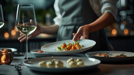  a close up of a plate of food on a table with a glass of wine and a person holding a glass of wine in front of wine in the background.