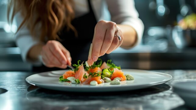  a close up of a person eating a plate of food with carrots and broccoli on a plate on a table next to a woman in a kitchen.