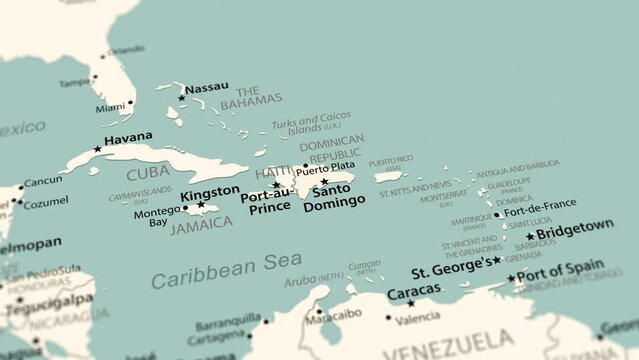 Dominican Republic on the world map. Smooth map rotation. 4K animation.