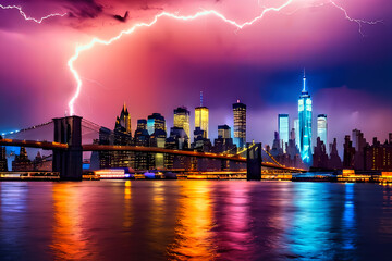 A beautiful view of New York at night against the backdrop of bright lightning.