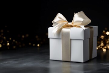 white gift box, silver ribbon with bow, on dark background with lights