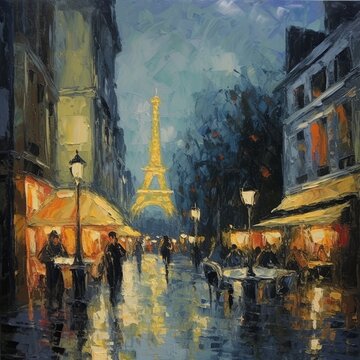 Impressionist paiting of Eiffel Tower at night oil paint 