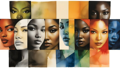 Illustration in pencil, oil paint, photography and watercolor, showing different ethnicities of women around the world
