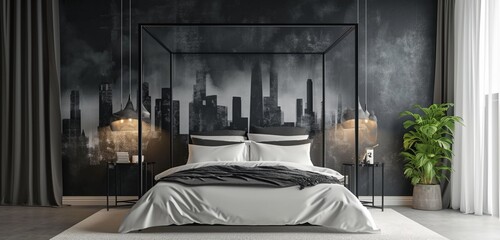 A bed canopy with a modern urban skyline silhouette, set in a room with walls in a cool slate gray - obrazy, fototapety, plakaty