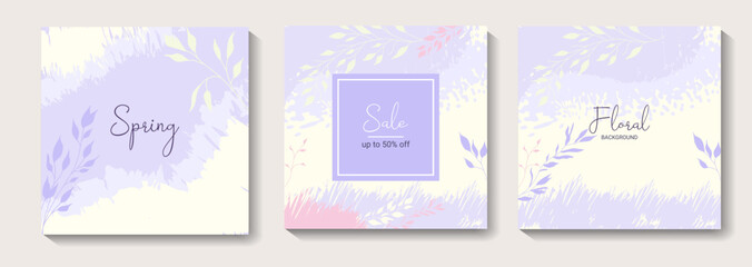 Spring square backgrounds with floral elements, leaves. Editable vector template for greeting card, poster, banner, invitation, social media post. Hello spring. Spring sale