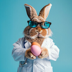 Osterhase in Doktorkittel mit einer lustigen Sonnenbrille und einem Osterei zum kurieren von Krankheiten - obrazy, fototapety, plakaty