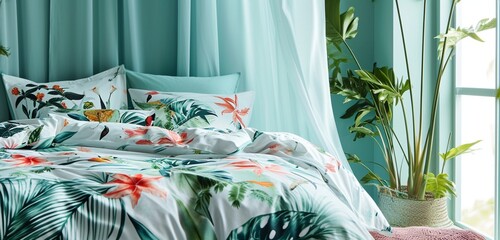 A bed canopy with a vibrant tropical foliage print, set in a room with walls in a cool mint hue