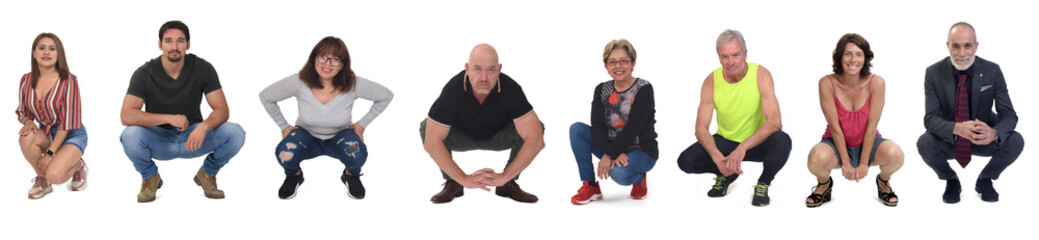 line of large group of women and men crouching on  white background