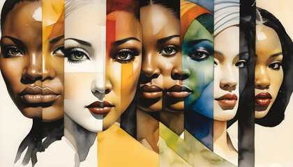 Obraz premium Illustration in pencil, oil paint, photography and watercolor, showing different ethnicities of women around the world 