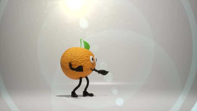 orange character dancing and moving on white background. With leaf on head nad legs and hands. Smile on face